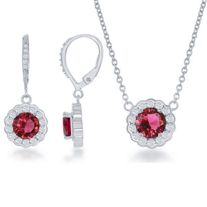 Sterling Silver Birthstone w/ CZ Border Round Necklace and Earrings Set
